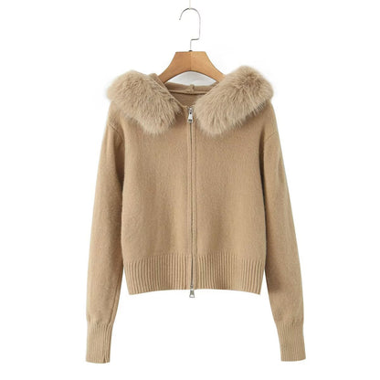 A Fake fur collar hooded long-sleeved zip-up cardigan knitted sweater jacket