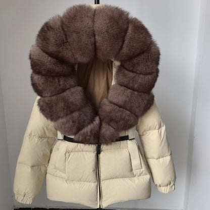 A fur collar hooded white duck down jacket