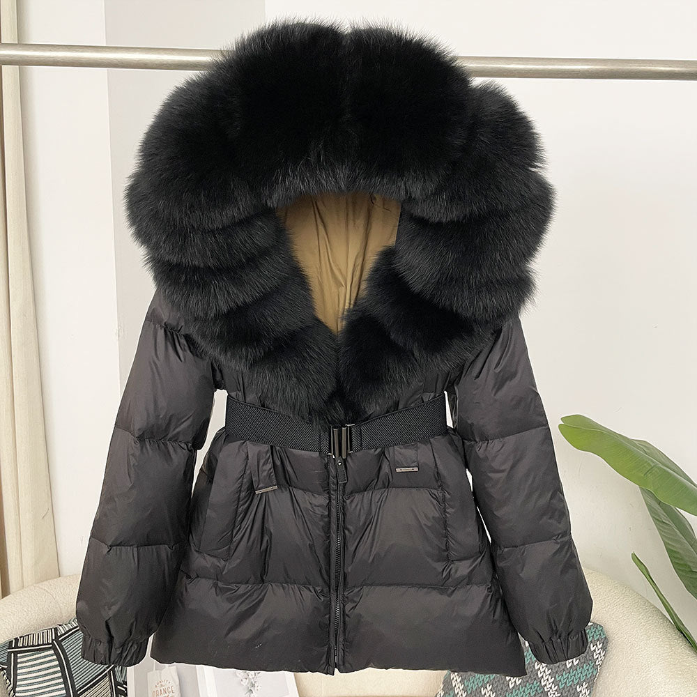 A fur collar hooded white duck down jacket