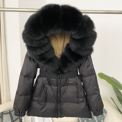 A fur collar hooded white duck down jacket