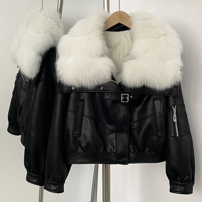 A winter new short real fox fur collar suede fur jacket female Korean version fur integrated down liner
