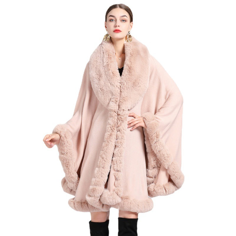 A European and American autumn and winter new imitation Rex rabbit fur collar cape large size knitted cardigan loose coat women