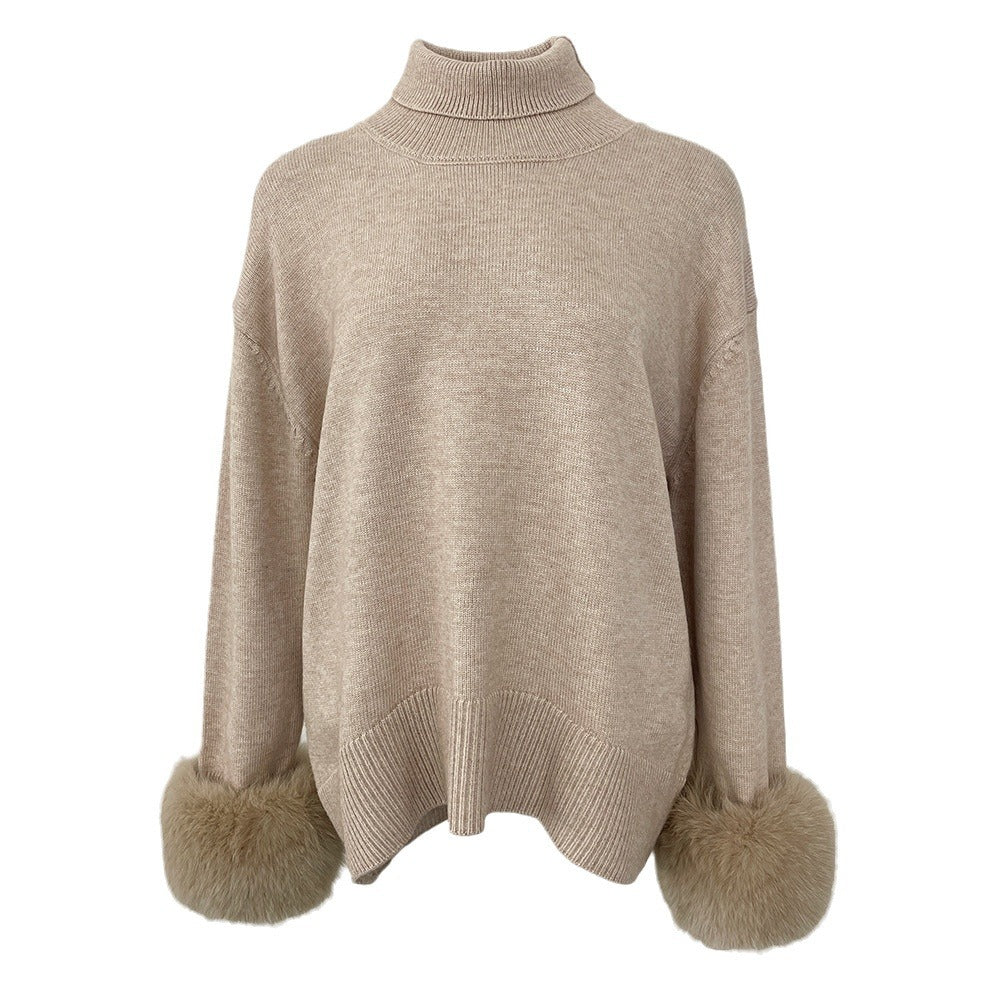 A popular thickened knitted sweater autumn and winter new loose high-necked real fox cuff sweater women