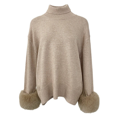 A popular thickened knitted sweater autumn and winter new loose high-necked real fox cuff sweater women
