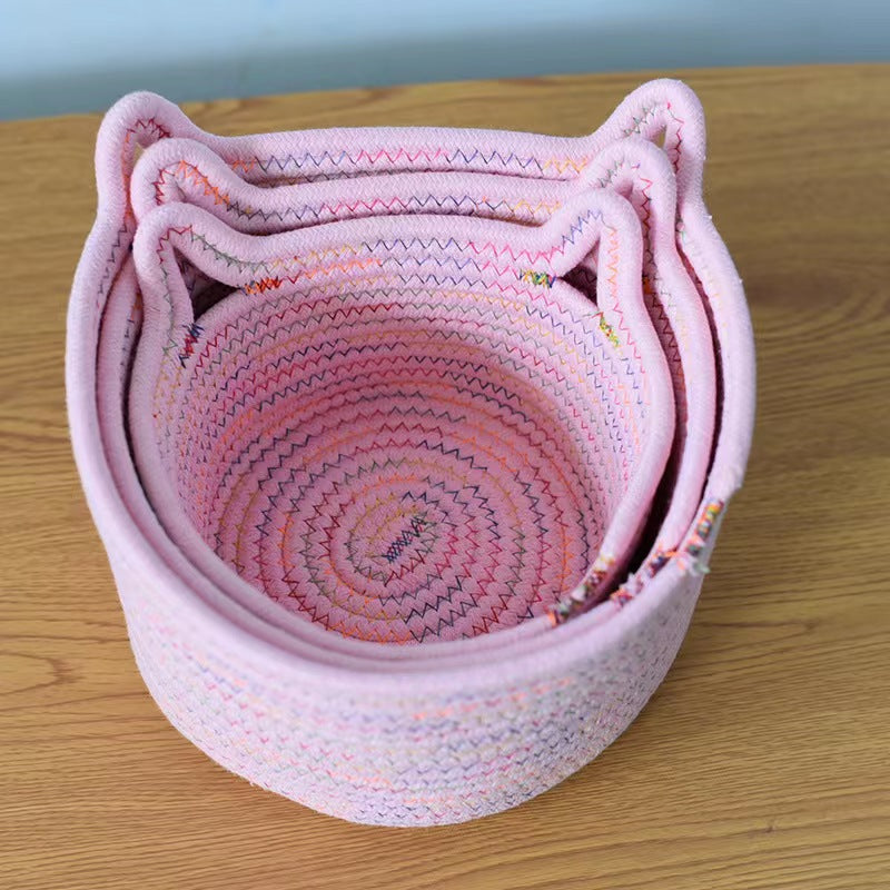 A woven fabric storage basket