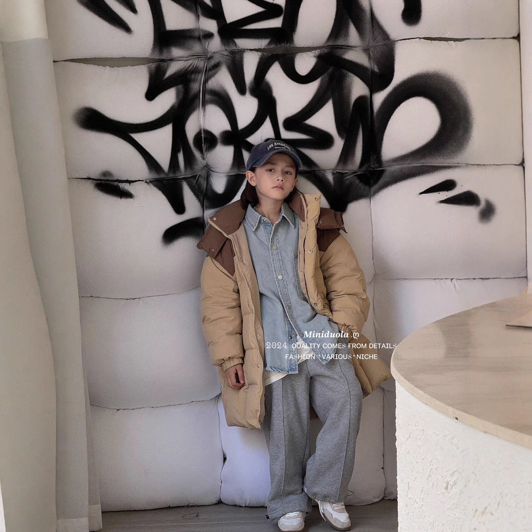 A winter new Korean version of children's cold clothing thickened shoulder color matching hooded warm jacket thickened warm
