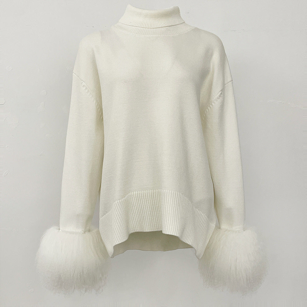 A popular thickened knitted sweater autumn and winter new loose high-necked real fox cuff sweater women