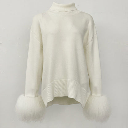 A popular thickened knitted sweater autumn and winter new loose high-necked real fox cuff sweater women