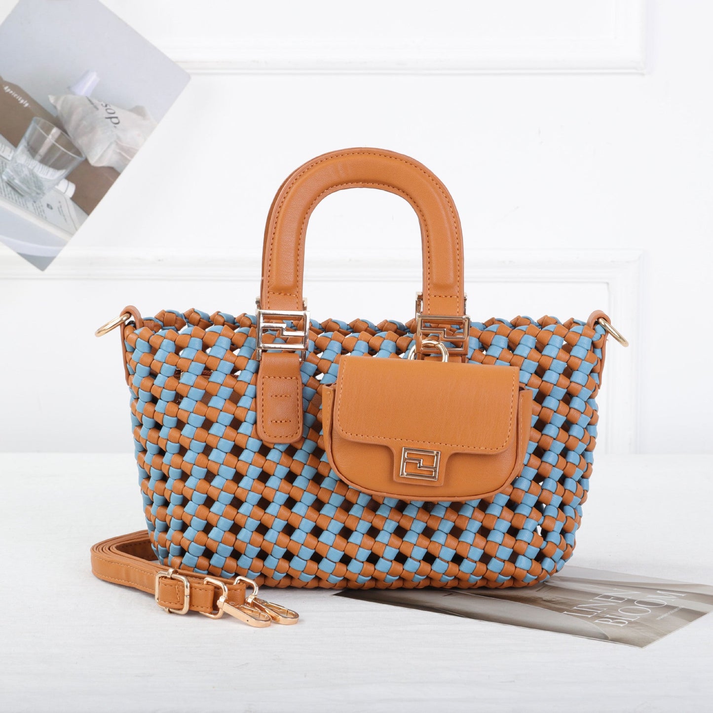 A woven handbag