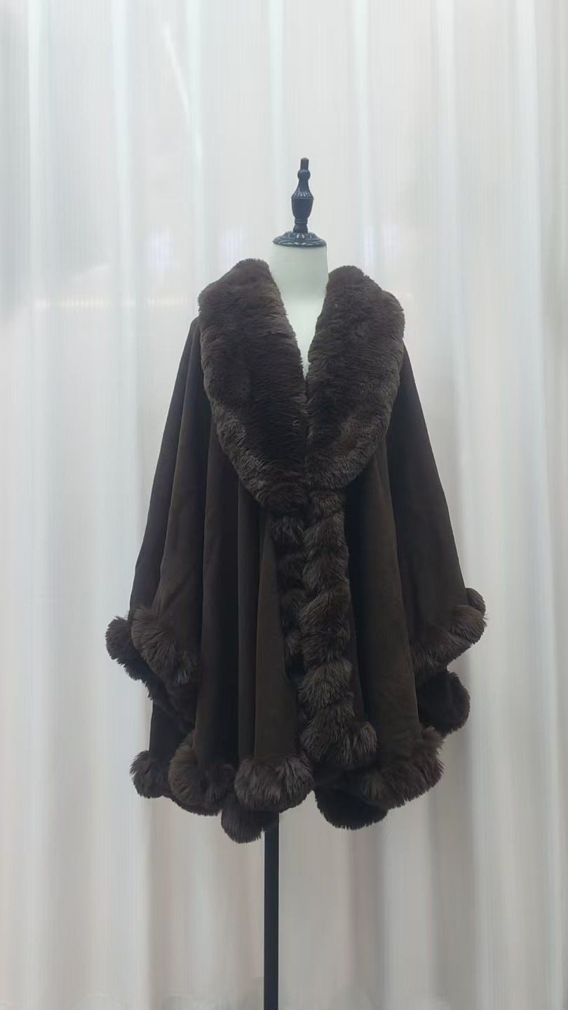 A Rabbit fur large lapel handmade wool cross-border European and American knitted imitation cashmere cardigan large size shawl cape
