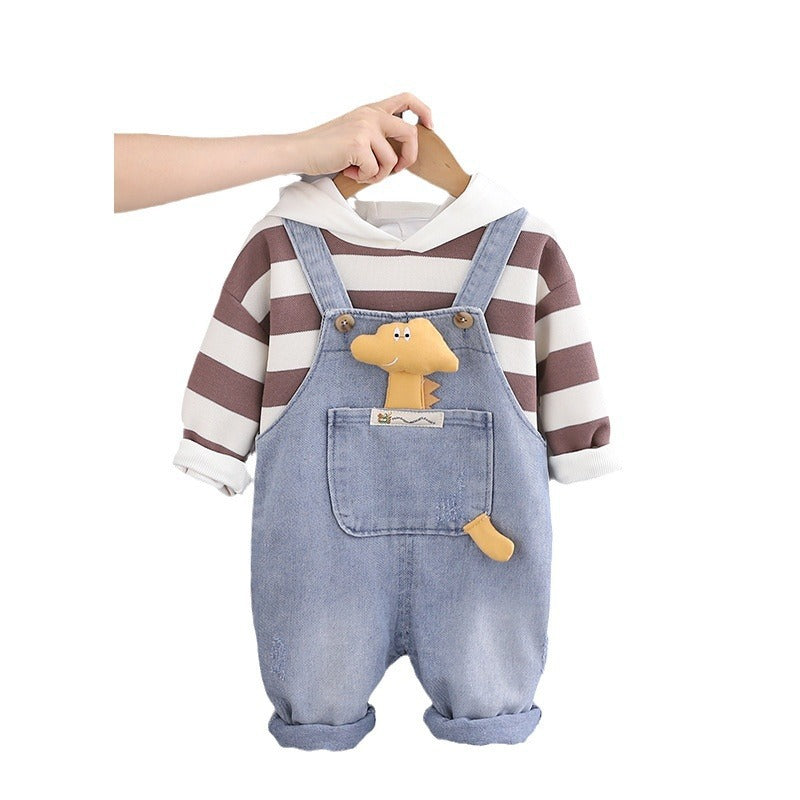 A Boys Striped Hoodie Long Sleeve Top Children's Suit Medium Children's Casual Pants Versatile Denim Overalls Autumn Children's Clothing