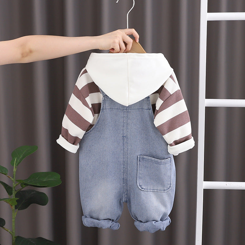 A Boys Striped Hoodie Long Sleeve Top Children's Suit Medium Children's Casual Pants Versatile Denim Overalls Autumn Children's Clothing