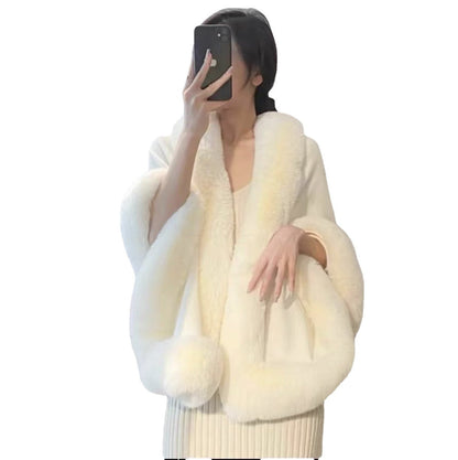 A autumn and winter new imitation Rex rabbit fur collar shawl cape large size women's knitted cardigan loose shawl jacket
