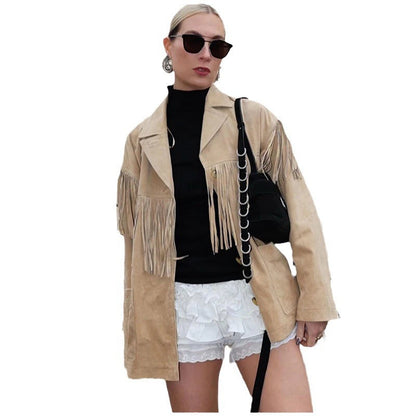 A women's jacket with fringed long sleeves
