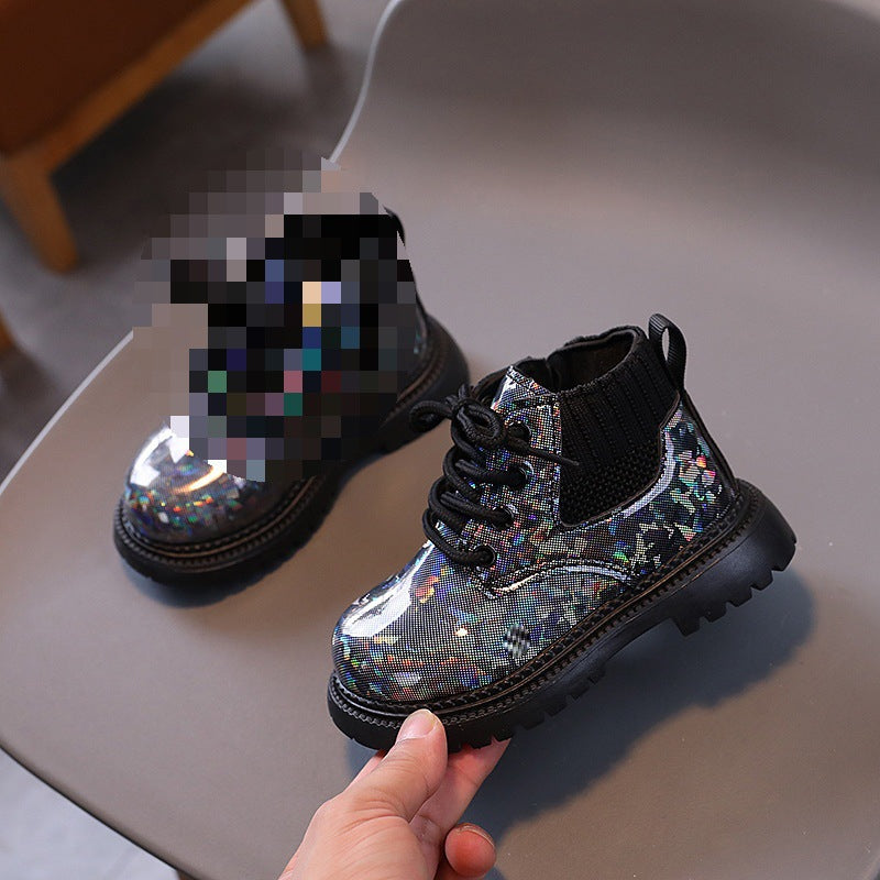 A Children's Martin Boots Black Shiny Boots for Boys and Girls