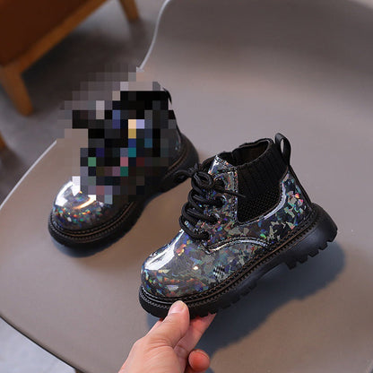 A Children's Martin Boots Black Shiny Boots for Boys and Girls