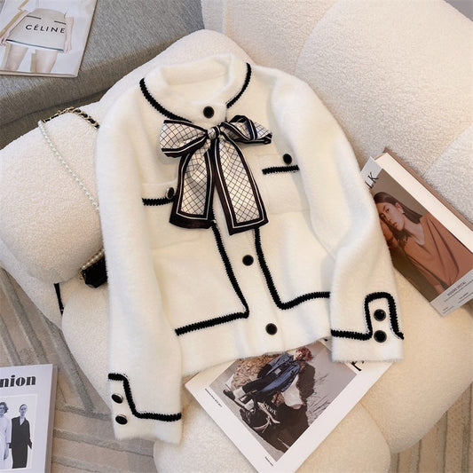 A new French small fragrant sweater jacket in autumn and winter, loose and lazy temperament, imitation mink long-sleeved knitted cardigan top
