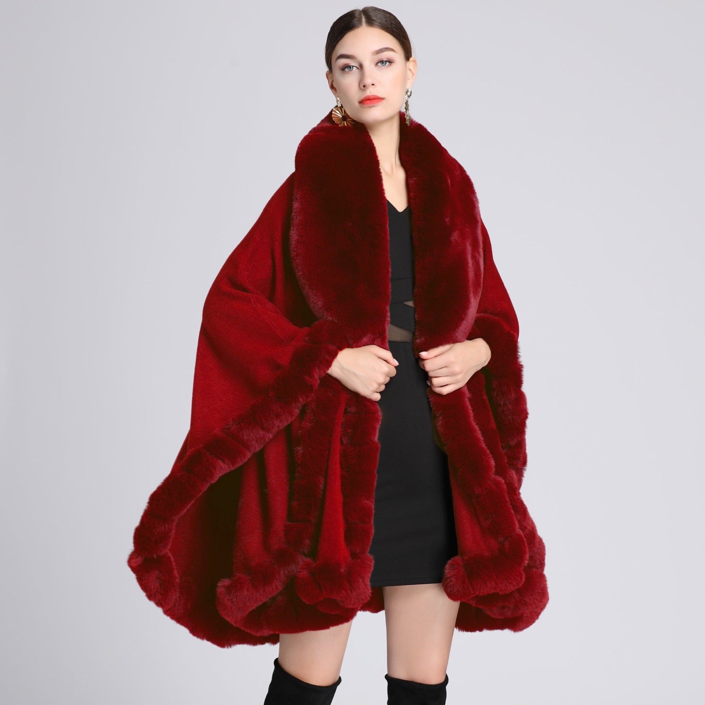 A European and American autumn and winter new imitation Rex rabbit fur collar cape large size knitted cardigan loose coat women