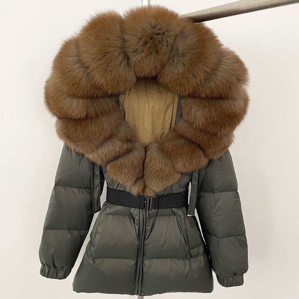 A fur collar hooded white duck down jacket