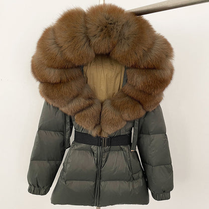 A fur collar hooded white duck down jacket