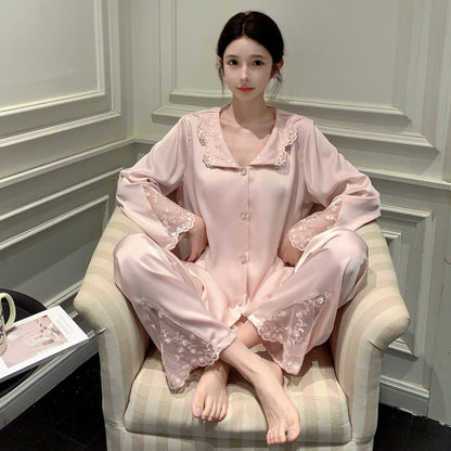 A Ice and snow pajamas women's French lapel lace cardigan long-sleeved trousers set summer spring and autumn loungewear