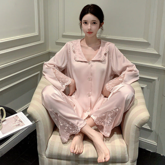 A Ice and snow pajamas women's French lapel lace cardigan long-sleeved trousers set summer spring and autumn loungewear