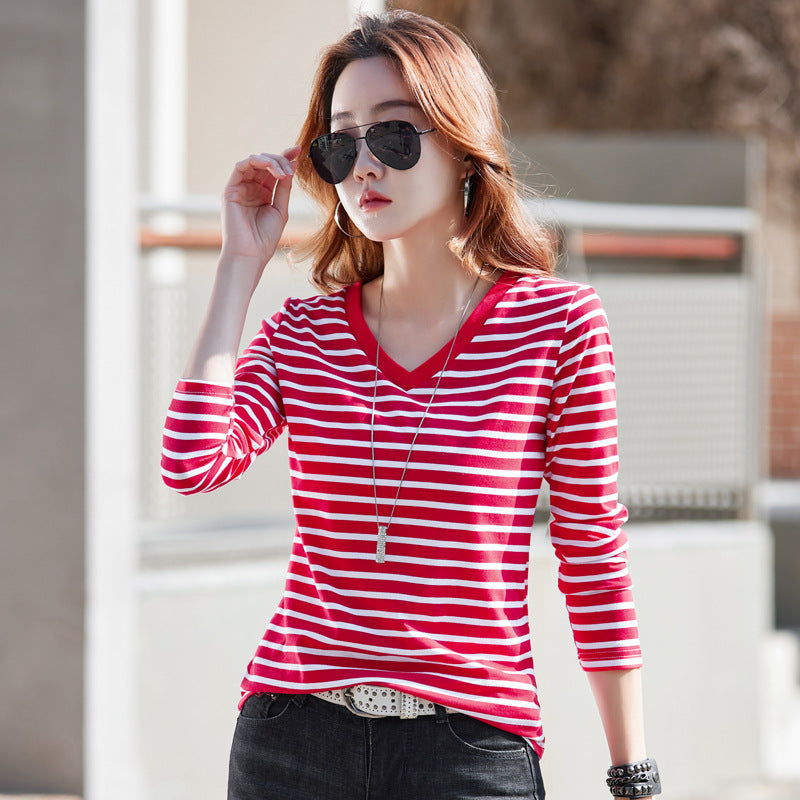 B2-m22 Loose and good quality women V-neck striped T- shirt - Mixbatch