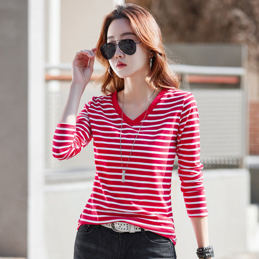 B2-m22 Loose and good quality women V-neck striped T- shirt - Mixbatch