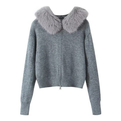 A Fake fur collar hooded long-sleeved zip-up cardigan knitted sweater jacket