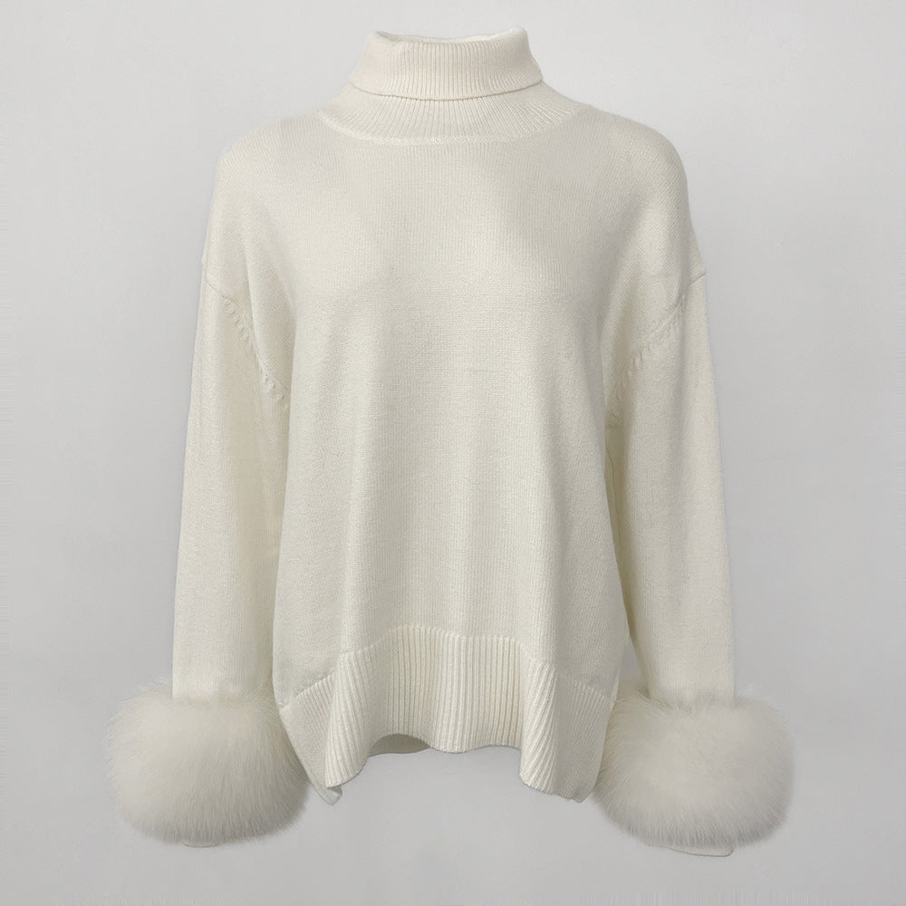 A popular thickened knitted sweater autumn and winter new loose high-necked real fox cuff sweater women