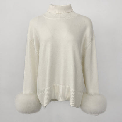 A popular thickened knitted sweater autumn and winter new loose high-necked real fox cuff sweater women