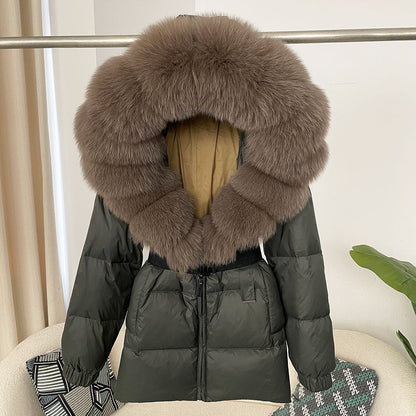 A fur collar hooded white duck down jacket