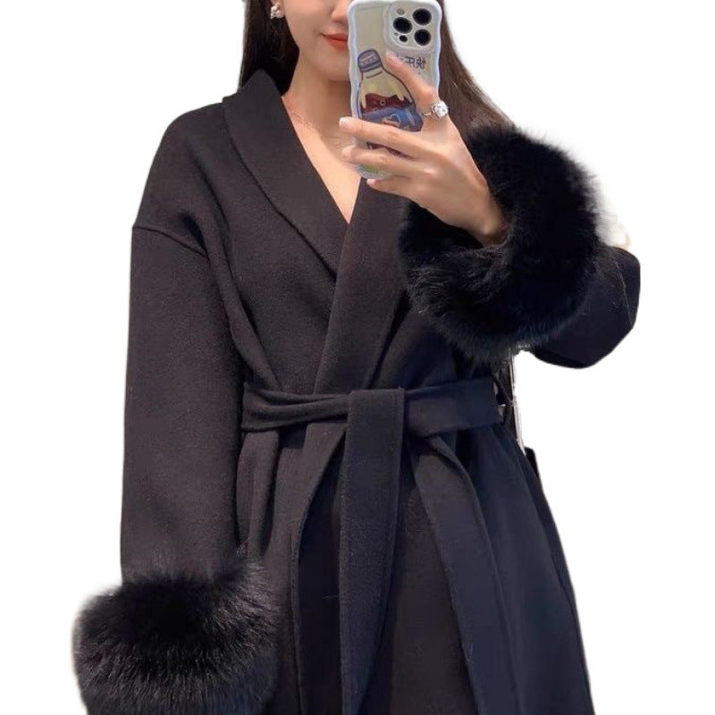 A strap, hairy sleeves, thin Hepburn woolen coat, women's autumn and winter woolen temperament, new product sense, thin coat, slim fit
