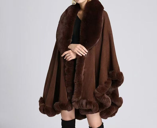A Rabbit fur large lapel handmade wool cross-border European and American knitted imitation cashmere cardigan large size shawl cape