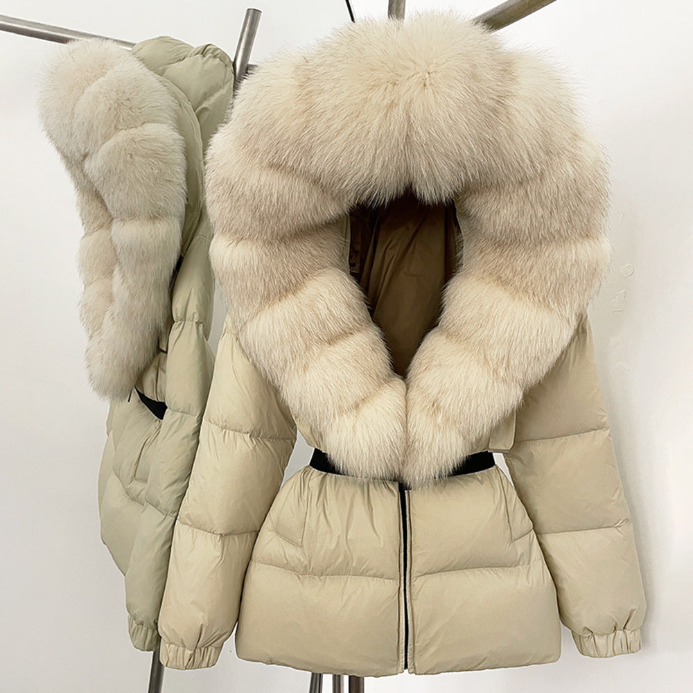A fur collar hooded white duck down jacket