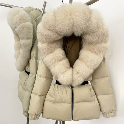A fur collar hooded white duck down jacket