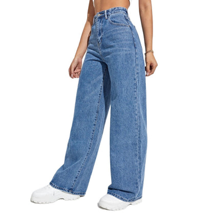 A high-waisted slim-fit straight denim trousers are popular