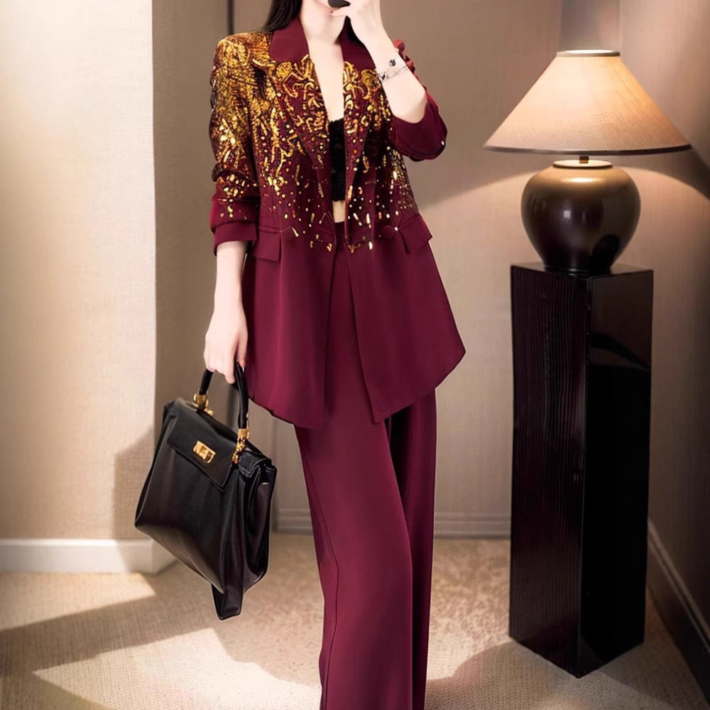 A autumn women's clothing commuting light wear, slightly fat and thin Angola red sequined suit wide-leg pants two-piece suit