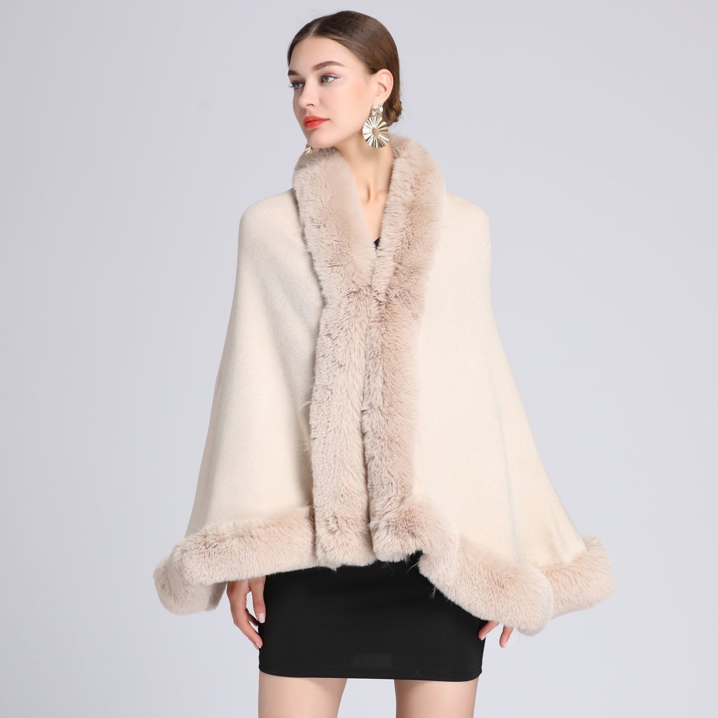 A autumn and winter new imitation Rex rabbit fur collar shawl cape large size women's knitted cardigan loose shawl jacket