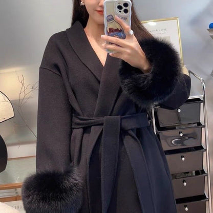 A strap, hairy sleeves, thin Hepburn woolen coat, women's autumn and winter woolen temperament, new product sense, thin coat, slim fit