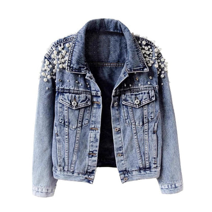 A Heavy Industry Beaded Loose Denim Jacket Women's New Spring Long Sleeve Fashion Foreign Trade Jacket