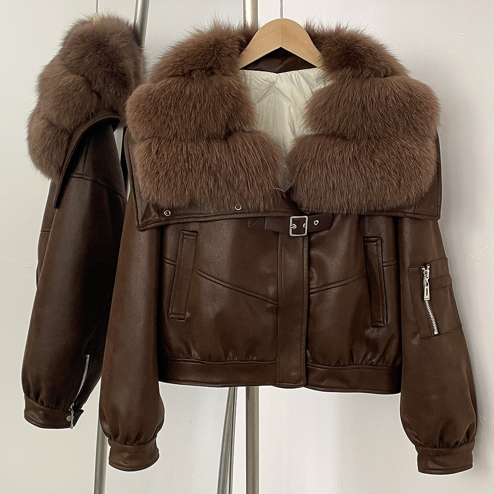 A winter new short real fox fur collar suede fur jacket female Korean version fur integrated down liner