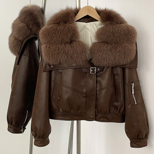 A winter new short real fox fur collar suede fur jacket female Korean version fur integrated down liner