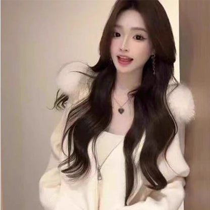 A fur collar hooded sweater jacket women's autumn and winter new high-end fashion lazy knitted cardigan top