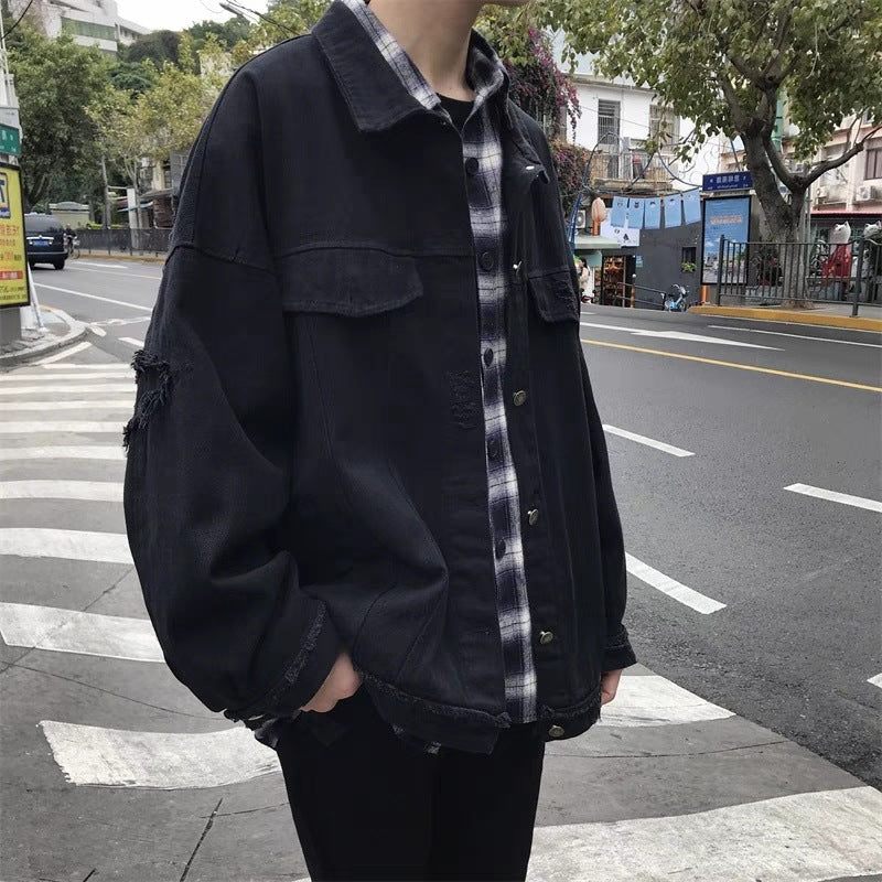 B2-m6 Denim jacket men's ripped port wind fried street jacket loose Korean version - Mixbatch