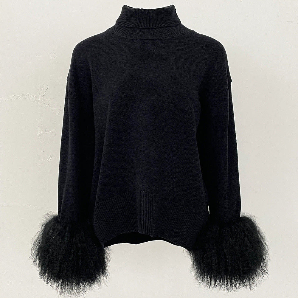A popular thickened knitted sweater autumn and winter new loose high-necked real fox cuff sweater women