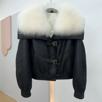 A new imitation fox hair fashion thin down jacket locomotive fur jacket wool coat women