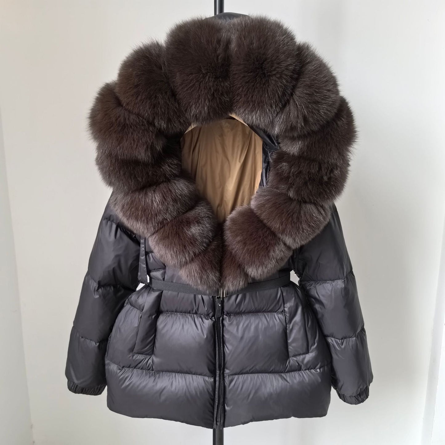 A fur collar hooded white duck down jacket