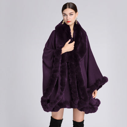 A European and American autumn and winter new imitation Rex rabbit fur collar cape large size knitted cardigan loose coat women