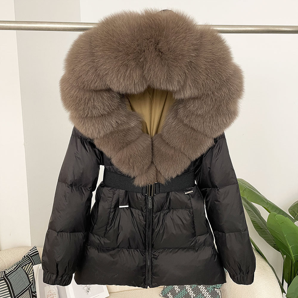 A fur collar hooded white duck down jacket